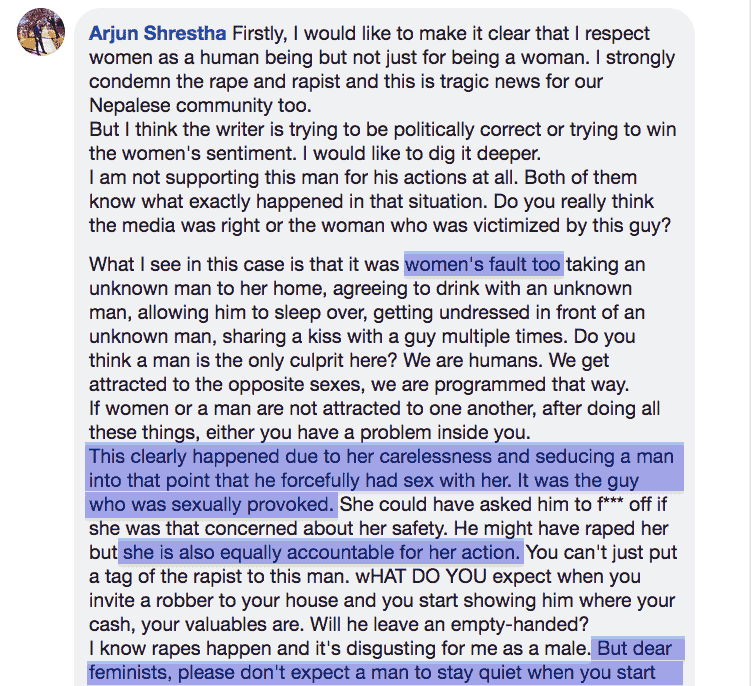 1.1 victim blaming Arjun S comment ss1