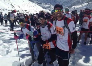 The team at the start of the Tenzing Hillary Everest Marathon. (From left Bimala, Rekha and Arbin.)