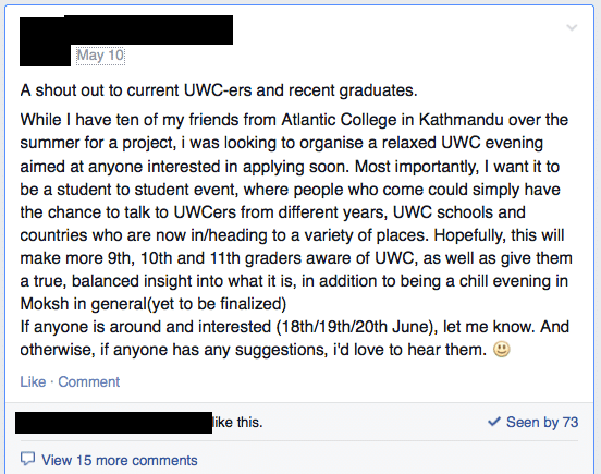 The post about gathering at a popular restaurant/bar in Kathmandu to provide information to students interested in applying for UWC scholarships.