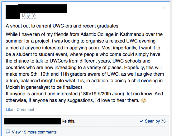 The post about gathering at a popular restaurant/bar in Kathmandu to provide information to students interested in applying for UWC scholarships.