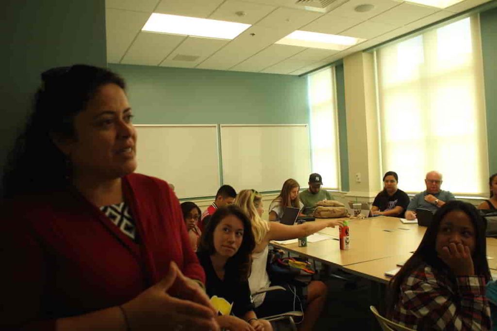 Maya talks to her students at the end of my presentation.