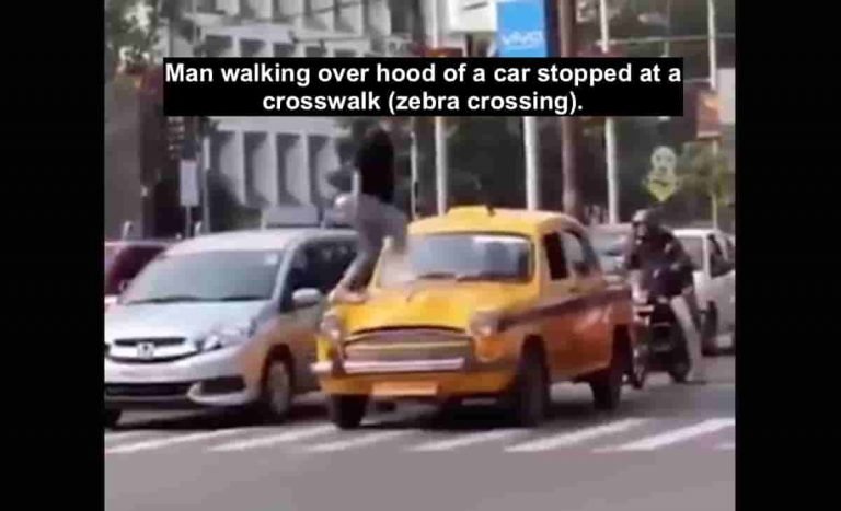 man walking over hood of car stopped at a crosswalk feat image