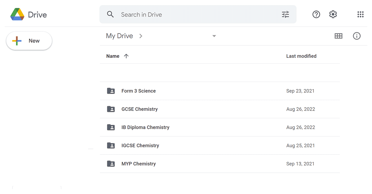 Read more about the article Links to Google Drive Folders Containing IB Diploma, IGCSE, & MYP Years 4 & 5 Chemistry Resources & More